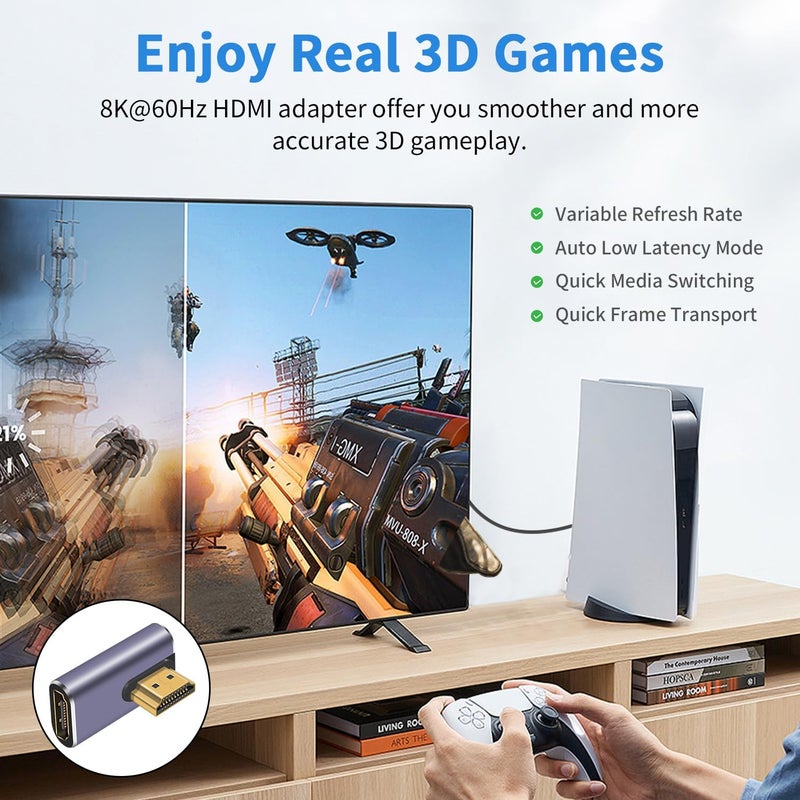 Poyiccot 8K HDMI 90 Degree Adapter, Left Angle HDMI Male to Female Extension Adapter Support 48Gbps Bandwith, 8K@60hz Resolution for 3D HDR, Laptop,DVD,TV, Monitors,PS5 (2-Pack) - Image 5